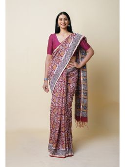 Unnati Silks - Red Pure Bagru Printed Pashmina Chanderi Sico Saree with Unstitched Blouse