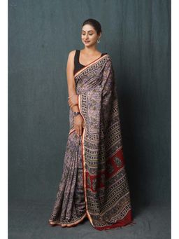 Unnati Silks - Blue Pure Bagru Printed Pashmina Chanderi Sico Saree with Unstitched Blouse