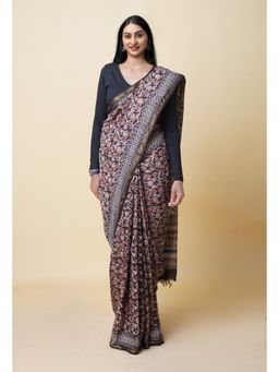 Unnati Silks - Black Pure Bagru Printed Pashmina Chanderi Sico Saree with Unstitched Blouse