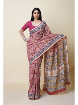 Unnati Silks - Red Pure Bagru Printed Pashmina Chanderi Sico Saree with Unstitched Blouse