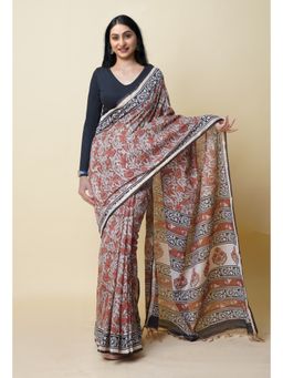 Unnati Silks - Brown Pure Bagru Printed Pashmina Chanderi Sico Saree with Unstitched Blouse