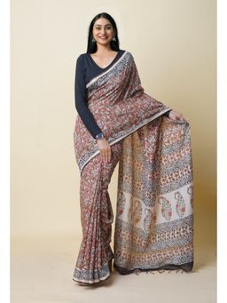 Unnati Silks - Brown Pure Bagru Printed Pashmina Chanderi Sico Saree with Unstitched Blouse