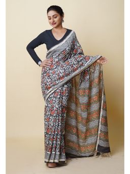 Unnati Silks - Black Pure Bagru Printed Pashmina Chanderi Sico Saree with Unstitched Blouse