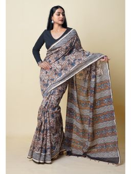 Unnati Silks - Brown Pure Bagru Printed Pashmina Chanderi Sico Saree with Unstitched Blouse