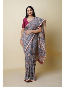 Unnati Silks - Grey Pure Bagru Printed Pashmina Chanderi Sico Saree with Unstitched Blouse