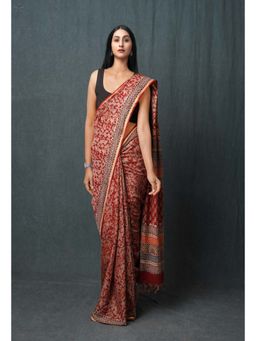 Unnati Silks - Red Pure Bagru Printed Pashmina Chanderi Sico Saree with Unstitched Blouse