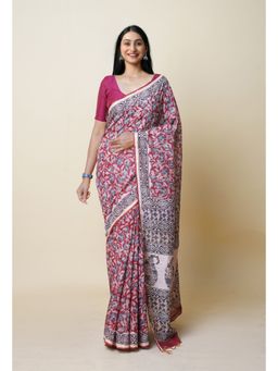 Unnati Silks - Red Pure Bagru Printed Pashmina Chanderi Sico Saree with Unstitched Blouse