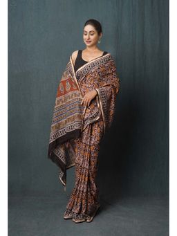 Unnati Silks - Black Pure Bagru Printed Pashmina Chanderi Sico Saree with Unstitched Blouse