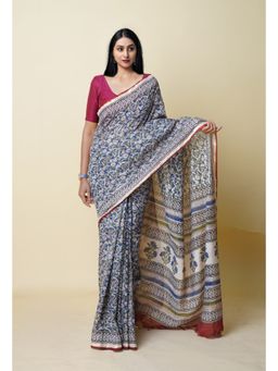 Unnati Silks - Blue Pure Bagru Printed Pashmina Chanderi Sico Saree with Unstitched Blouse