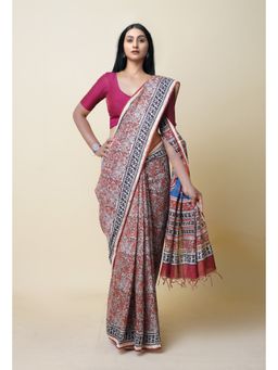 Unnati Silks - Brown Pure Bagru Printed Pashmina Chanderi Sico Saree with Unstitched Blouse