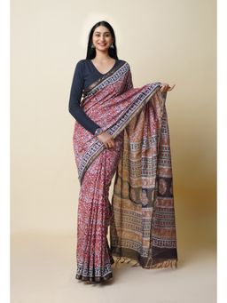 Unnati Silks - Red Pure Bagru Printed Pashmina Chanderi Sico Saree with Unstitched Blouse