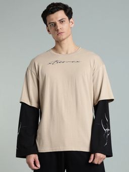 XTREMEX - Beige Round Neck Angel Rise Oversized Full Sleeves Printed T-Shirt