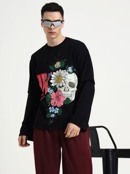 XTREMEX - Black Round Neck Bloom Skull Oversized Full Sleeves Printed T-Shirt