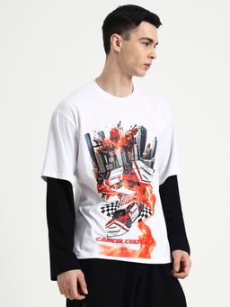 XTREMEX - White Round Neck City Drift Oversized Full Sleeves Printed T-Shirt