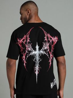 XTREMEX - Black Round Neck Cross Wings Oversized Half Sleeves Printed T-Shirt