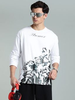 XTREMEX - White Round Neck Eternal Gods Oversized Full Sleeves Printed T-Shirt