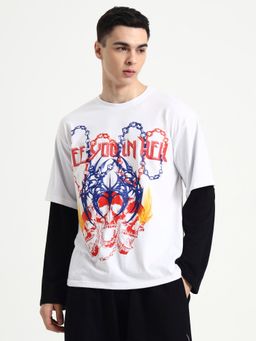 XTREMEX - White Round Neck Hell Chains Oversized Full Sleeves Printed T-Shirt