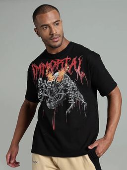 XTREMEX - Black Round Neck Immortal Oversized Half Sleeves Printed T-Shirt