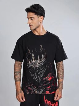 XTREMEX - Black Round Neck King Oversized Half Sleeves Printed T-Shirt