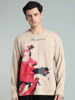 XTREMEX - Beige Round Neck Mystic Smoke Oversized Full Sleeves Printed T-Shirt
