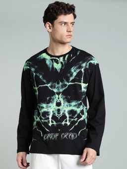 XTREMEX - Black Round Neck Neon Rage Oversized Full Sleeves Printed T-Shirt