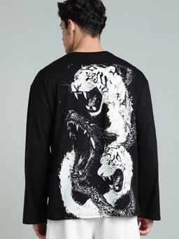 XTREMEX - Black Round Neck Predator King Oversized Full Sleeves Printed T-Shirt
