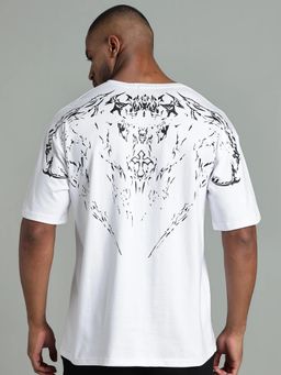 XTREMEX - White Round Neck Ritual Oversized Half Sleeves Printed T-Shirt