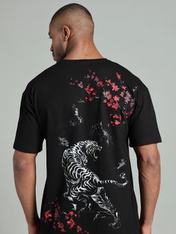 XTREMEX - Black Round Neck Tiger Bloom Oversized Half Sleeves Printed T-Shirt