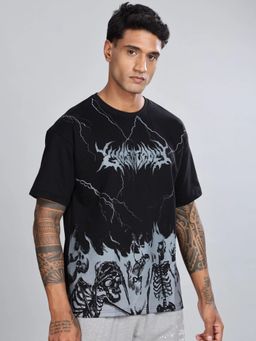 XTREMEX - Black Round Neck Thunderstrike Oversized Half Sleeves Printed T-Shirt