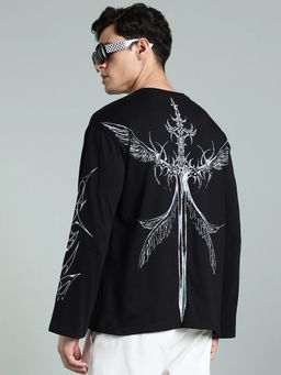 XTREMEX - Black Round Neck Warrior Oversized Full Sleeves Printed T-Shirt