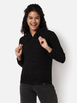 Campus Sutra - Womens Textured Hoodie Sweatshirt Black