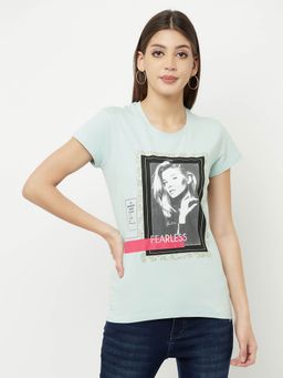 CRIMSOUNE CLUB - Women Mint Green Graphic Printed Round Neck T-Shirt