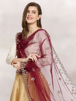 Dupatta Bazaar - Women's Embroidered & Embellished Wine Net Dupatta