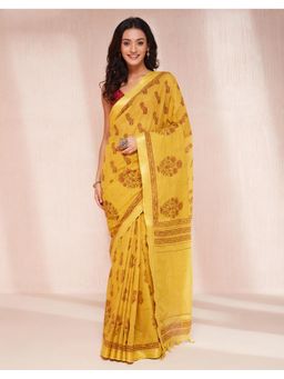 Fabindia - Mustard Cotton Blend Hand Block Printed Saree without Blouse
