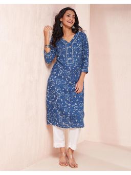 Fabindia - Indigo Cotton Silk Dabu Printed Long Kurta