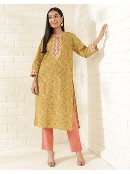 Fabindia - Avni Yellow Cotton Floral Printed Kurta and Pant (Set of 2)
