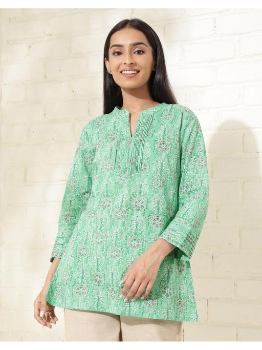 Buy Fabindia Green Cotton Hand Block Printed Short Kurti (XS) Online