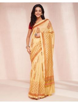 Fabindia - Yellow Cotton Silk Blend Hand Block Printed Saree without Blouse