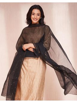 Fabindia - Black Cotton Silk Hand Embroidered Dupatta