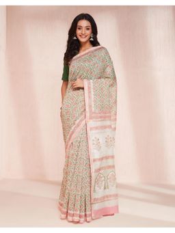 Fabindia - Grey Cotton Silk Blend Hand Block Printed Saree without Blouse