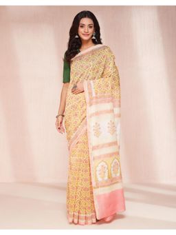 Fabindia - Yellow Cotton Silk Blend Hand Block Printed Saree without Blouse