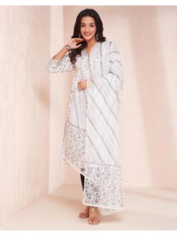 Fabindia - White Cotton Silk Hand Block Printed Kurta and Dupatta (Set of 2)