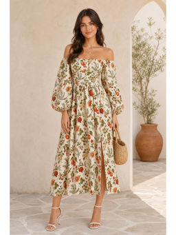 Cider - Fruit and Floral Off-Shoulder Slit Maxi Dress