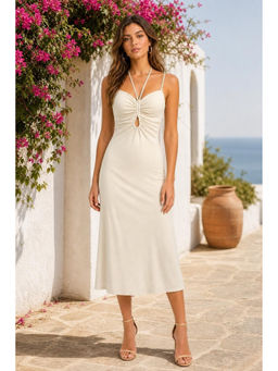 Cider - Ruffle Drawstring Halter Midi Dress
