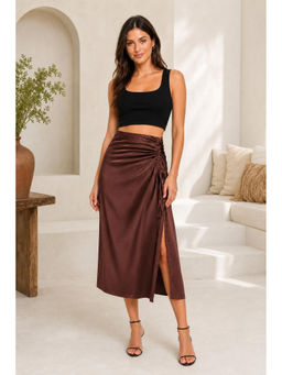 Cider - Satin Brown Drawstring Midi Skirt