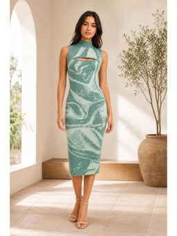 Cider - Knit Abstract Pattern Cut Out Midi Dress