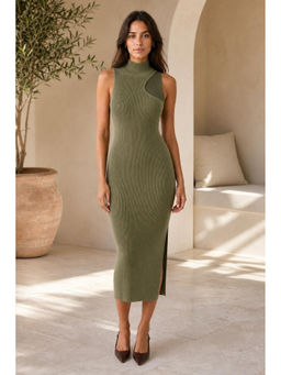 Cider - Knit High Neck Bodycon Slit Midi Dress
