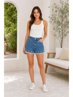 Cider - Denim Floral Fringe Shorts