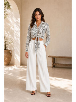 Cider - Leopard Print Collar Tie Front Long Sleeve Blouse