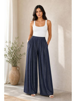 Cider - Mid Waist Solid Elastic Waist Wide Leg Trousers